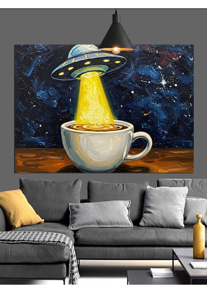 Uçan Daire Işınları Altındaki Kahve Kupası Dekoratif Kanvas - Mdf Ahşap Tablo