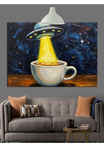Uçan Daire Işınları Altındaki Kahve Kupası Dekoratif Kanvas - Mdf Ahşap Tablo fiyatları