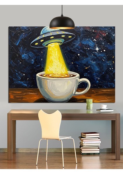 Uçan Daire Işınları Altındaki Kahve Kupası Dekoratif Kanvas - Mdf Ahşap Tablo modelleri