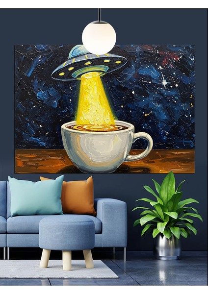 Uçan Daire Işınları Altındaki Kahve Kupası Dekoratif Kanvas - Mdf Ahşap Tablo fırsatları