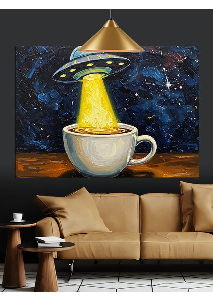 Uçan Daire Işınları Altındaki Kahve Kupası Dekoratif Kanvas - Mdf Ahşap Tablo indirimleri