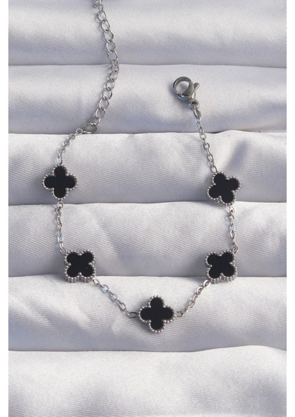 316L Çelik Baby Boy Gümüş Renk Siyah Mineli Yonca Bileklik