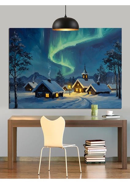 Kuzey Işıkları Altında Kış Manzarası Dekoratif Kanvas - Mdf Ahşap Tablo