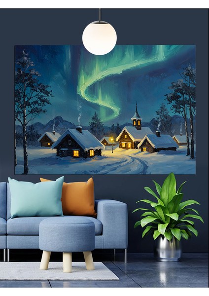 Kuzey Işıkları Altında Kış Manzarası Dekoratif Kanvas - Mdf Ahşap Tablo fiyatları
