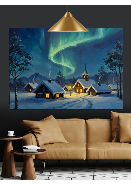 Kuzey Işıkları Altında Kış Manzarası Dekoratif Kanvas - Mdf Ahşap Tablo modelleri