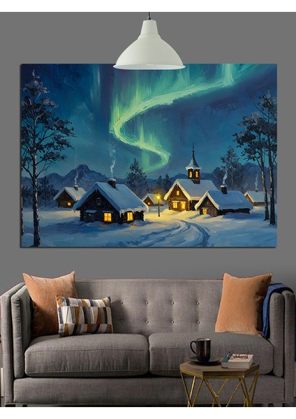 Kuzey Işıkları Altında Kış Manzarası Dekoratif Kanvas - Mdf Ahşap Tablo indirimleri
