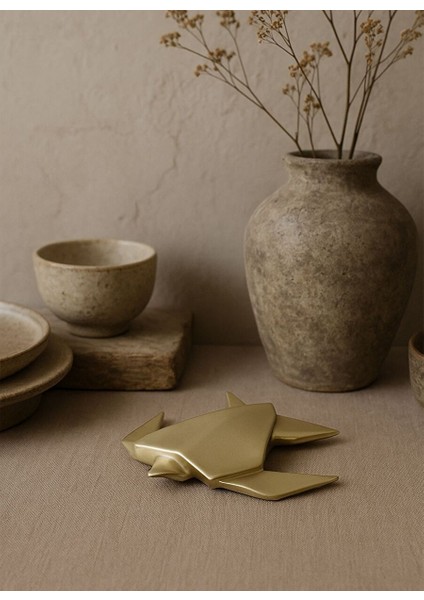 Origami Kaplumbağa Şeklinde Mat Pirinç Dekoratif Obje 9x9 cm