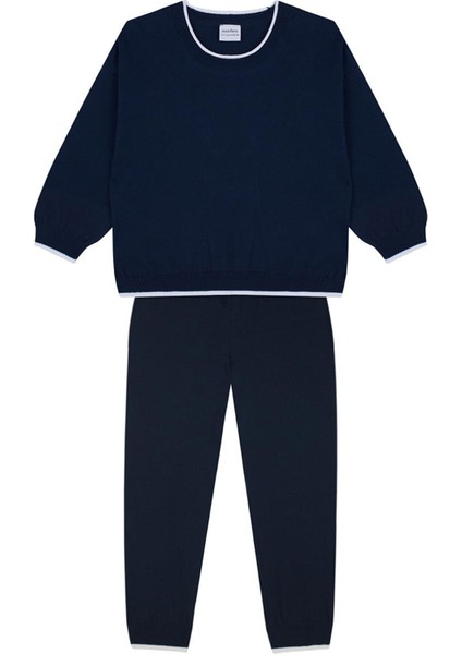 Lacivert Beyaz Detaylı Triko Erkek Çocuk Eşofman Takımı
