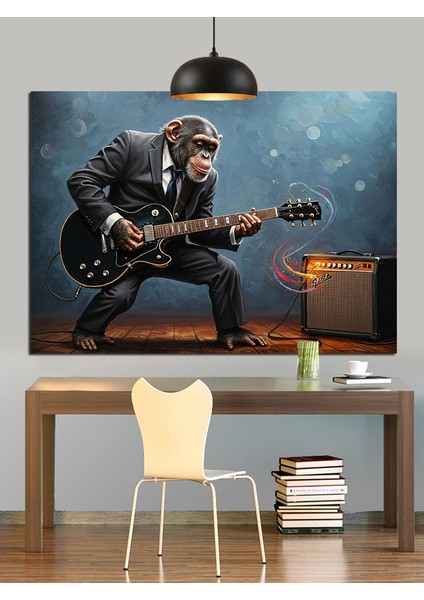 Elektro Gitar Çalan Müzisyen Maymun Dekoratif Kanvas - Mdf Ahşap Tablo