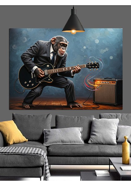 Elektro Gitar Çalan Müzisyen Maymun Dekoratif Kanvas - Mdf Ahşap Tablo fırsatları