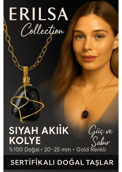 Sertifikalı Tel Sargılı Doğal Siyah Akik Taşı Kolye – Altın Kaplama Koruma ve Denge Taşı