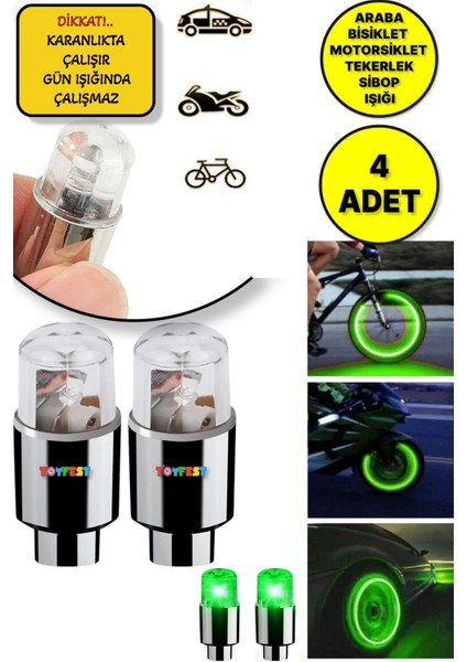 Bisiklet Tekeri Araba Lastiği Hareket Sensörlü Işıklı Sibop Kapağı Lambası Yeşil Renk - 4 Adet