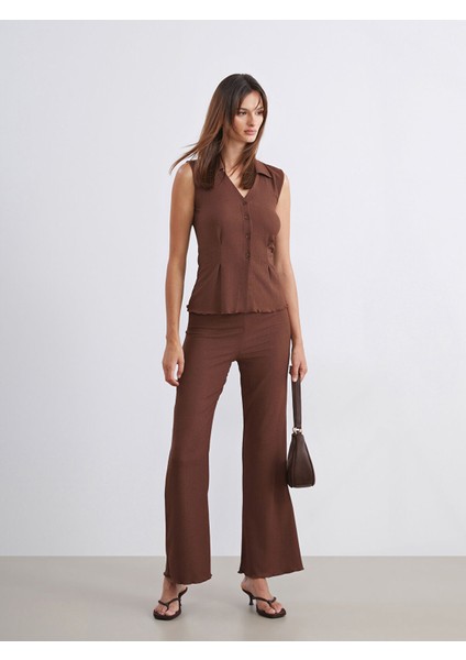 Yeni Sezon Beli Lastikli Dokulu Ispanyol Paça Kadın Pantolon