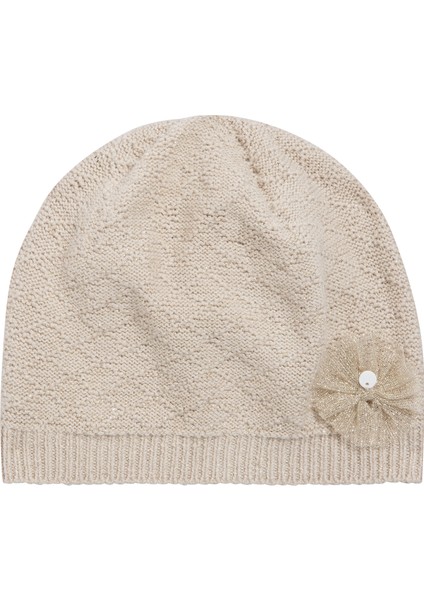 Bej Çiçek Aplikeli Kız Çocuk Şapka