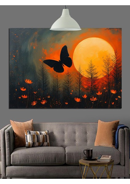 Dolunay Önünde Uçan Kelebek Silüeti Dekoratif Kanvas - Mdf Ahşap Tablo