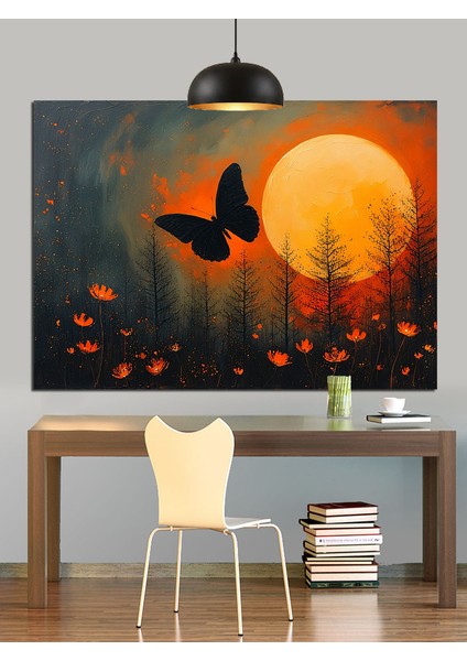 Dolunay Önünde Uçan Kelebek Silüeti Dekoratif Kanvas - Mdf Ahşap Tablo fiyatları