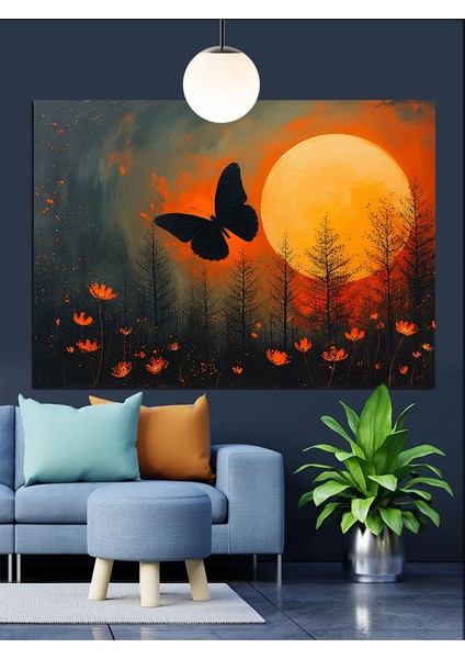Dolunay Önünde Uçan Kelebek Silüeti Dekoratif Kanvas - Mdf Ahşap Tablo modelleri