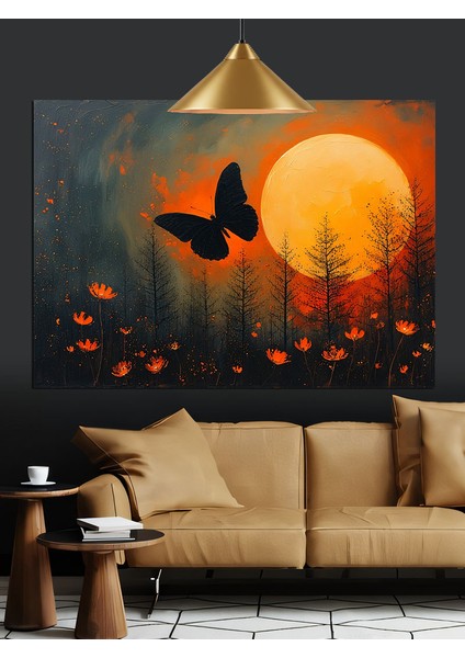 Dolunay Önünde Uçan Kelebek Silüeti Dekoratif Kanvas - Mdf Ahşap Tablo fırsatları