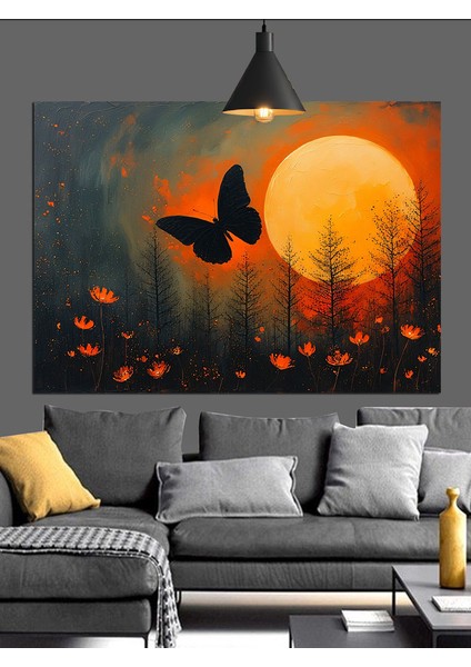 Dolunay Önünde Uçan Kelebek Silüeti Dekoratif Kanvas - Mdf Ahşap Tablo indirimleri