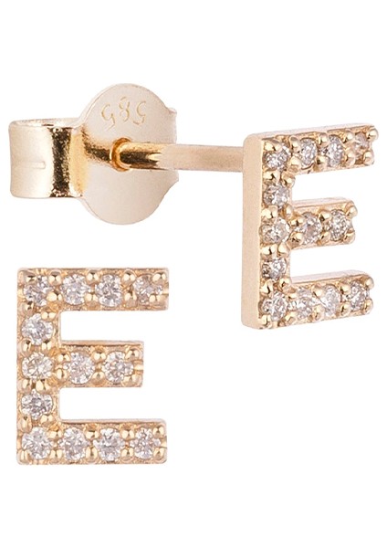 E Harfli Pırlanta Taşlı 14 Ayar Altın Kadın Tek Küpe