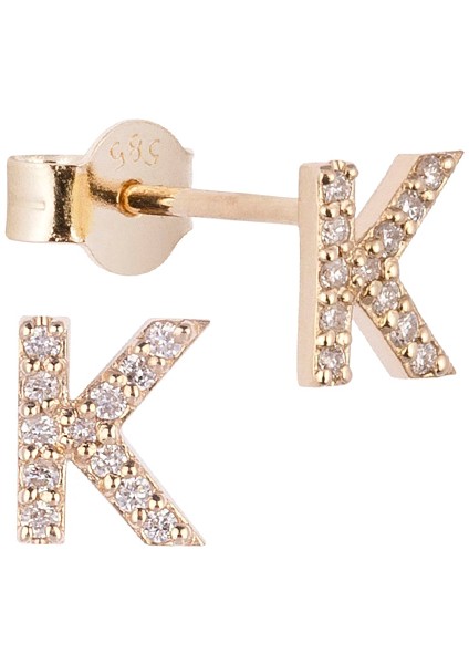 K Harfli Pırlanta Taşlı 14 Ayar Altın Kadın Tek Küpe