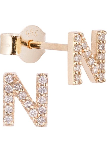 N Harfli Pırlanta Taşlı 14 Ayar Altın Kadın Tek Küpe