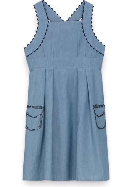Mavi Jean Görünümlü Askılı Kız Çocuk Elbise