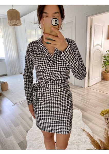 Kadın Uzun Kollu Kruvaze Yaka Bağlamalı Kemer Dalgıç Mini Boy Elbise fiyatları