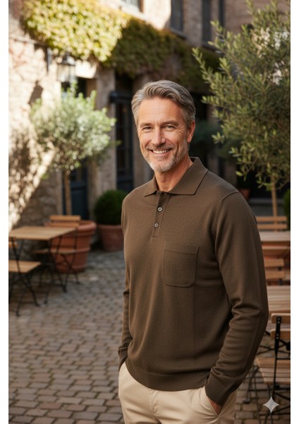 Erkek Kazak Premium Yün Tarzı Klasik Polo Yaka Düğmeli Cepli Rahat Tam Kalıp fırsatları