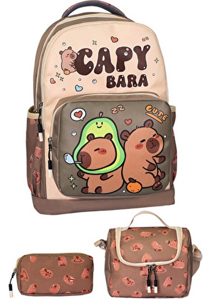 3’lü Ilkokul Capybara Baskılı, Kız Çocuk Beslenmeli ve Kalemlikli Okul Çantası