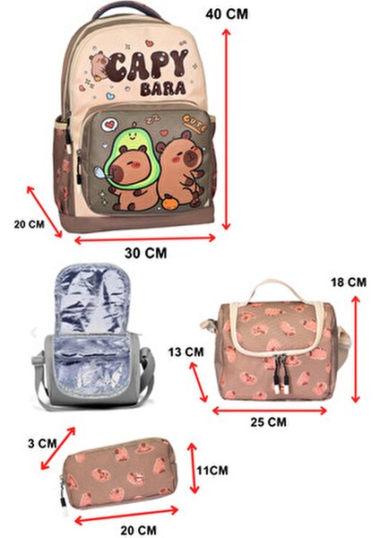 3’lü Ilkokul Capybara Baskılı, Kız Çocuk Beslenmeli ve Kalemlikli Okul Çantası fiyatları