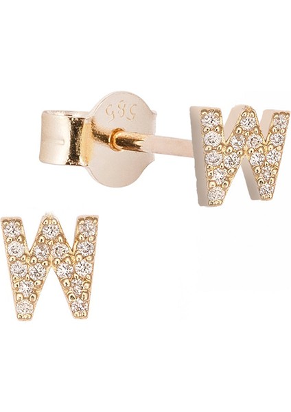 W Harfli Pırlanta Taşlı 14 Ayar Altın Kadın Tek Küpe