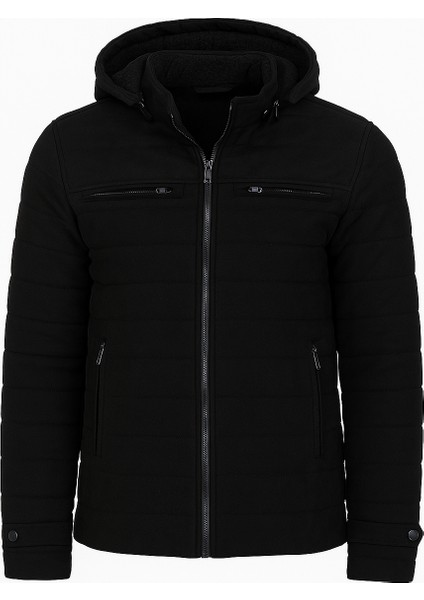 Erkek Siyah Dar Kesim Kapüşonlu Kalın Kumaş Süet Mont