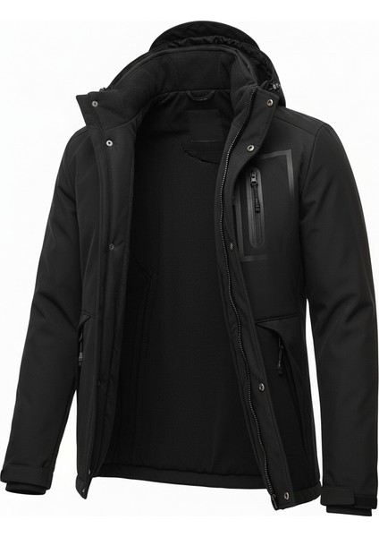 Outdoor Kapüşonlu Su ve Rüzgar Geçirmez Kapitone Içi Kürklü Elyaf Dolgulu Şişme Siyah Softshell Mont