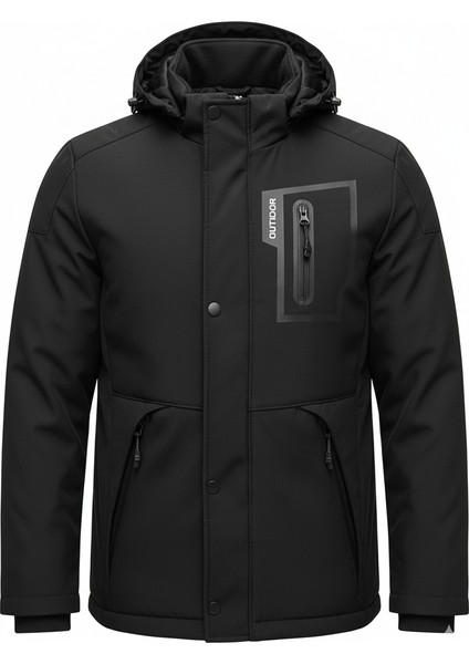 Outdoor Kapüşonlu Su ve Rüzgar Geçirmez Kapitone Içi Kürklü Elyaf Dolgulu Şişme Siyah Softshell Mont fiyatları