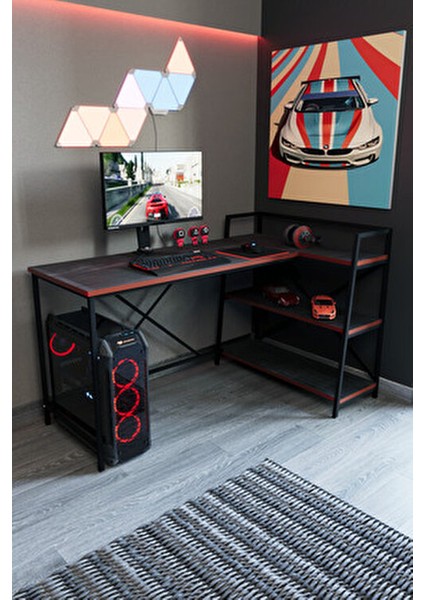Siyah Raflı Çift Yöne Uygun Oyuncu Masası, Bilgisayar Masası, Gamer Masası, Gaming Masa, L Masa