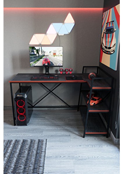 Siyah Raflı Çift Yöne Uygun Oyuncu Masası, Bilgisayar Masası, Gamer Masası, Gaming Masa, L Masa modelleri