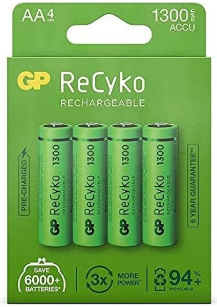 Batteries Recyko+ 1300 Aa Kalem Ni-Mh Şarjlı Pil, 1.2 Volt, 4'lü Kartela