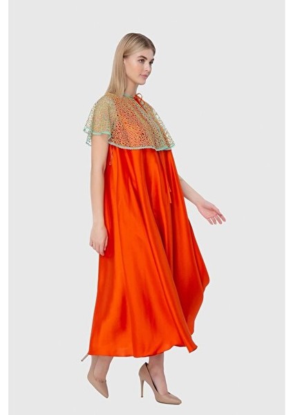 Dantel Pelerin Yaka Turuncu Uzun Elbise fiyatları