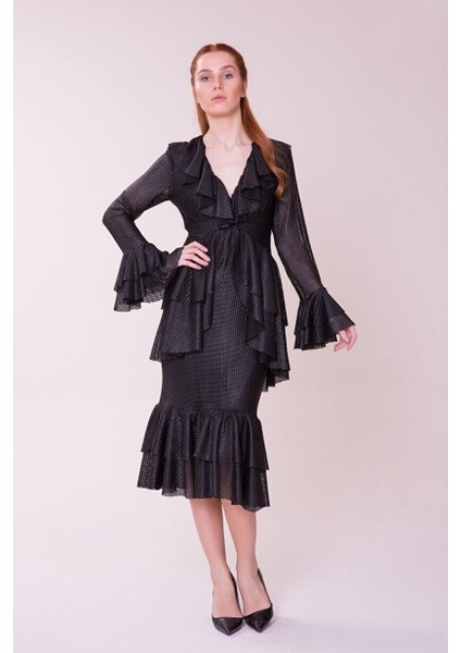 Fırfır Detaylı Midi Elbise