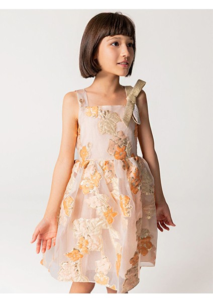 Çiçek Kabartmalı Simli Askılı Kız Çocuk Elbise