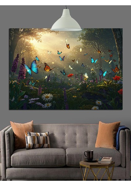 Kelebekler Uçuşan Çiçekli Alan Dekoratif Kanvas - Mdf Ahşap Tablo