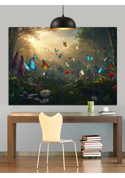 Kelebekler Uçuşan Çiçekli Alan Dekoratif Kanvas - Mdf Ahşap Tablo fiyatları