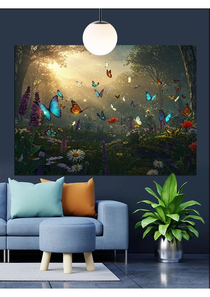 Kelebekler Uçuşan Çiçekli Alan Dekoratif Kanvas - Mdf Ahşap Tablo modelleri