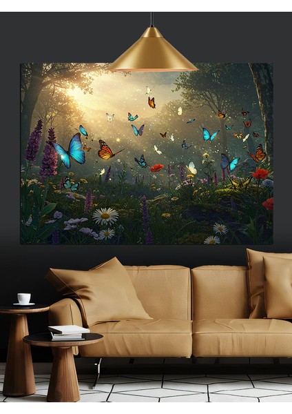Kelebekler Uçuşan Çiçekli Alan Dekoratif Kanvas - Mdf Ahşap Tablo fırsatları