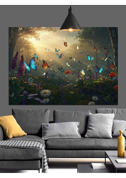 Kelebekler Uçuşan Çiçekli Alan Dekoratif Kanvas - Mdf Ahşap Tablo indirimleri