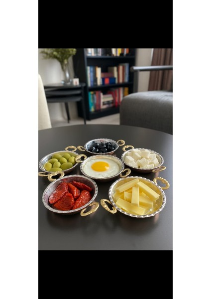 6'lı Kulplu Bakır Çerezlik-Kahvaltılık-Reçellik-Sunumluk Set (9 cm x 2,3 Cm)