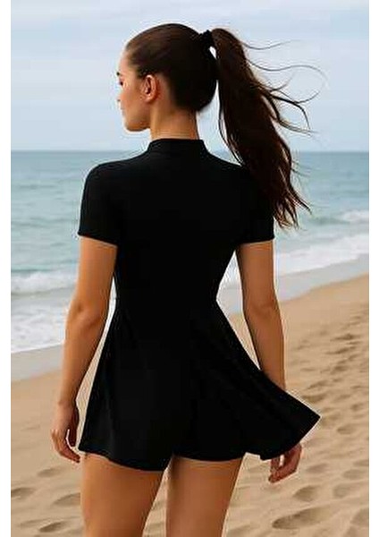 Likralı Fermuarlı Birleşik Şortlu Etekli Mayo Siyah (1 Beden Büyük Alınabilir) fiyatları