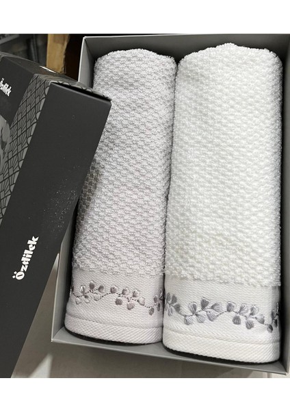 Filgo Çiçekli 2'li Kutulu Havlu Gri-Beyaz
