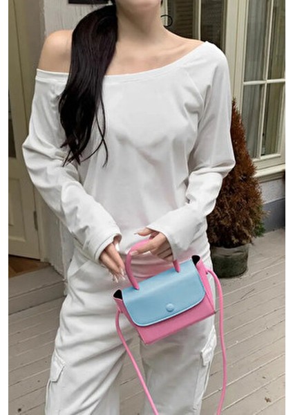 Beyaz Kadın Düşük Omuz Kayık Yaka Oversize Uzun Kollu T-Shirt